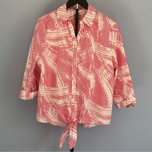 Chico's Tie Front Classic Americana Red White Brushstroke & Stripe Blouse Large